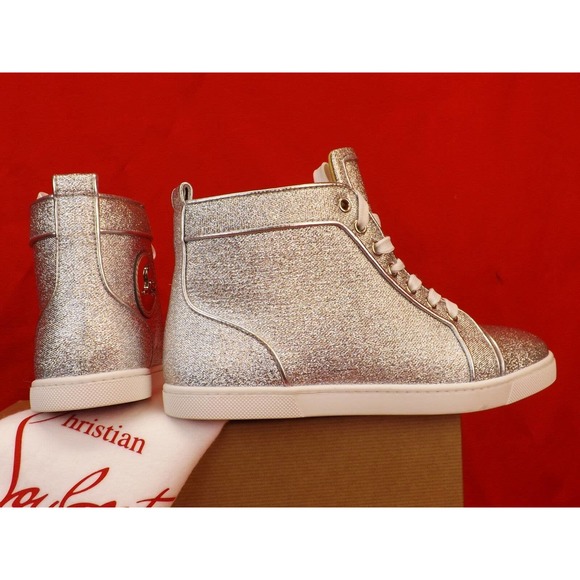 NIB LOUBOUTIN BIP BIP SILVER ORLATO FLAT LUREX LEATHER HI TOP SNEAKERS 39.5 - Picture 10 of 12